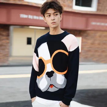 2020 koreanske Version af Mode Tegnefilm Elskere Long-sleeve Sort Strik Bunden Sweater Mænd ' s Crew-neck Sweater
