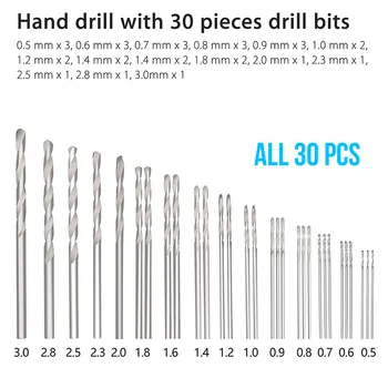31PCS Præcision Pin-Skruestik Hobby Bor Mini Micro Hånd Roterende Værktøjer Sæt 0,5 mm, 0,6 mm, 0,7 mm, 0,8 mm, 0,9 mm, 1 mm, 1,2 mm, 1,4 mm