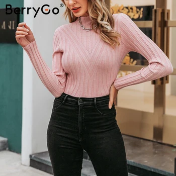 BerryGo Rullekrave kvinder elastisk strikket pullover sweater Elegant slim fit kvindelige grundlæggende sweater Efterår og vinter damer jumper 2019