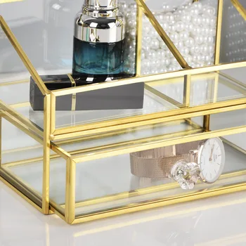 Glas Makeup organizer med skuffe gyldne kant Cosmetic organizer smykker rack Læift ring opbevaringsboks makeup børste