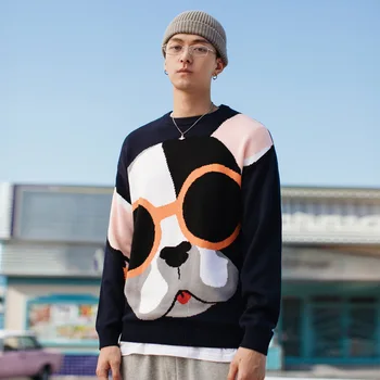 2020 koreanske Version af Mode Tegnefilm Elskere Long-sleeve Sort Strik Bunden Sweater Mænd ' s Crew-neck Sweater