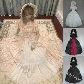 Gotisk palads lolita kjole retro blonder sløjfeknude o-hals lange kawaii kjole med høj talje victoriansk kjole gothic lolita op loli cosplay