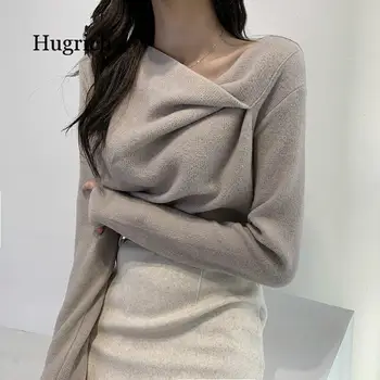 Krave Uregelmæssige Strikket Sweater Kvinder Smarte Efterår Og Vinter Elegante Femme Pullovere Solid Farve Enkel Alle-Match Toppe